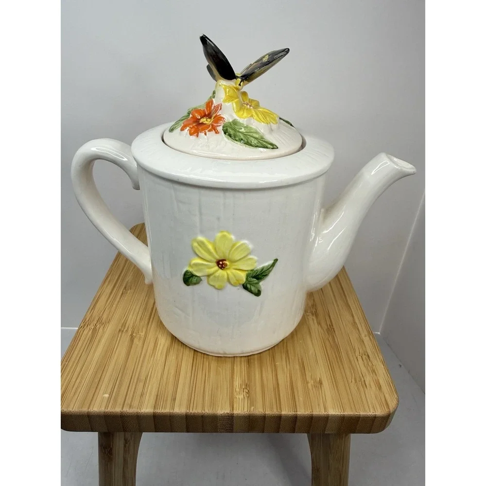 Vintage 70s Ceramic Butterfly Teapot Made‎ In Japan Flowers MCM